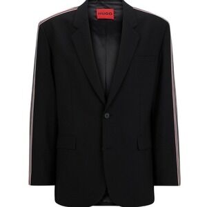 HUGO Boss Wool Blend Suit Set Black Striped Tape Trim Blazer Pants 46R Tailored